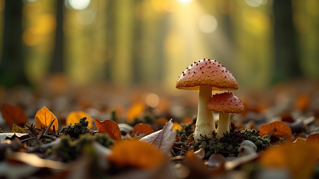 Baņķi augošu pieaugušos ar sarkaniem cepuriņiem Latvijas mežā, rudens vēlumā