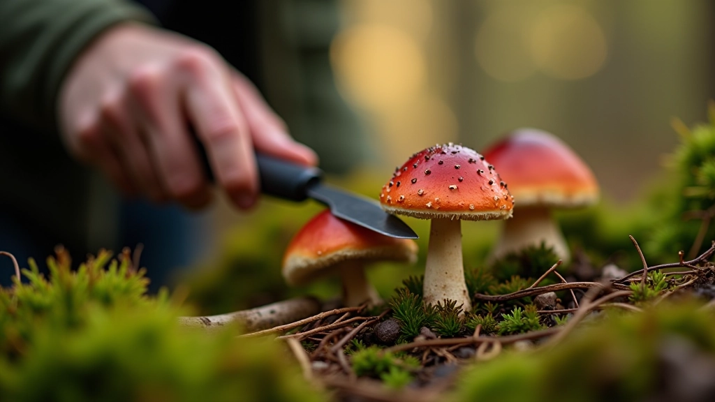 Seniora rokas ar mājsaimniecības nožu rīku, vāc baņķi no mežas augsnes, rūpīgs un precīzs paņēmiens